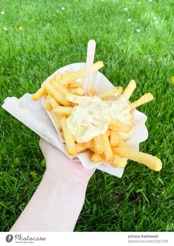 Portion of fries with mayo French fries Fast food Nutrition Eating Food Delicious Snack bar Fat Unhealthy Appetite Lunch Finger food Mayonnaise Meal To enjoy
