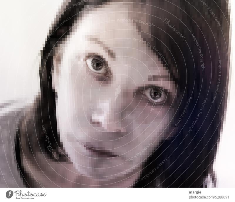 An anxious, insecure woman pixelated Woman portrait Face Human being Looking Insecure Adults Fear anxiously Looking into the camera Feminine eyes Dark-haired