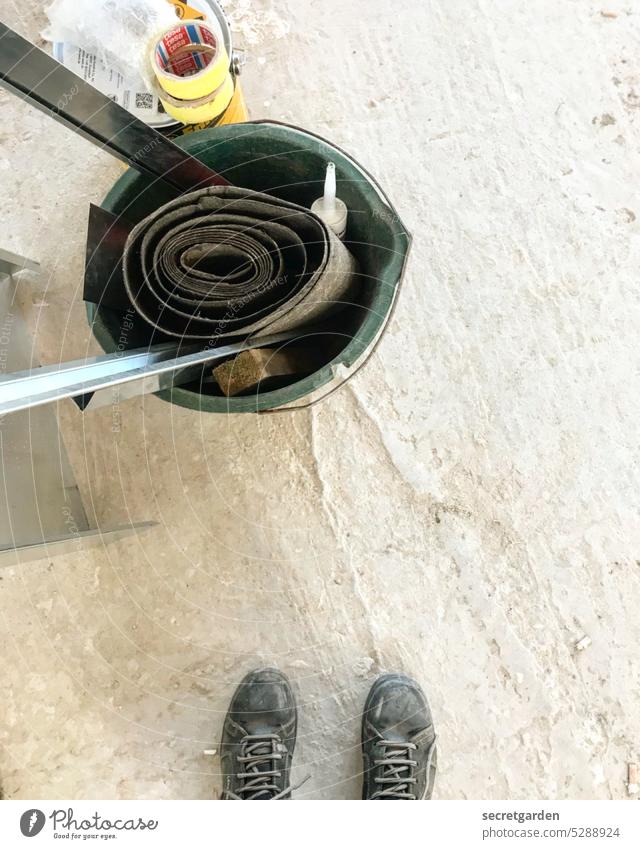 All-round renewal Construction site floor Footwear Bucket Concrete Above Under Tool Work and employment Craftsperson Craft (trade) Colour photo Profession
