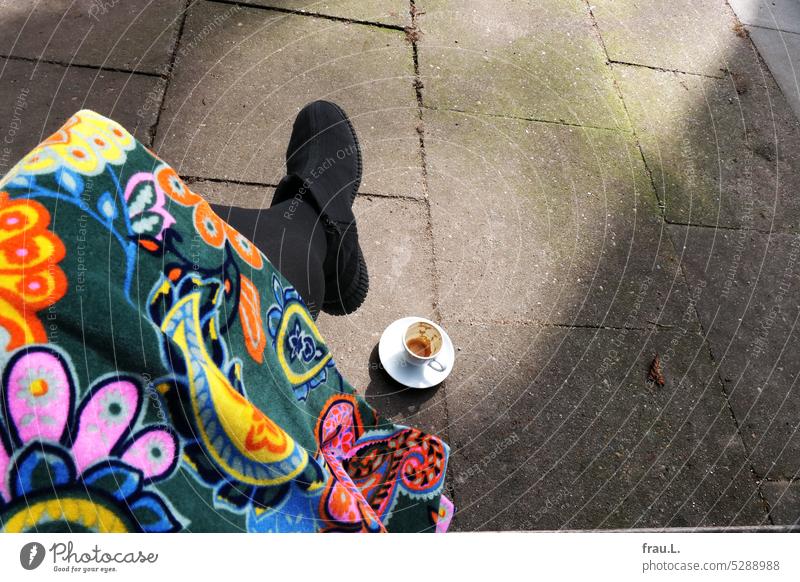Colorful skirt with coffee cup Coffee cup Coffee break espresso cup Skirt Velvet leg Boots Feet Sidewalk Sit Woman Sunlight To have a coffee Café Cup Espresso