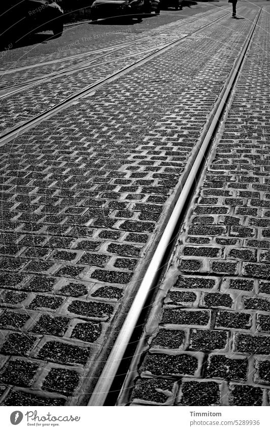 Wanderer between the tracks rails Rail transport Railroad tracks Pedestrian car Parking Transport Railroad system Means of transport Metal Glittering Shadow
