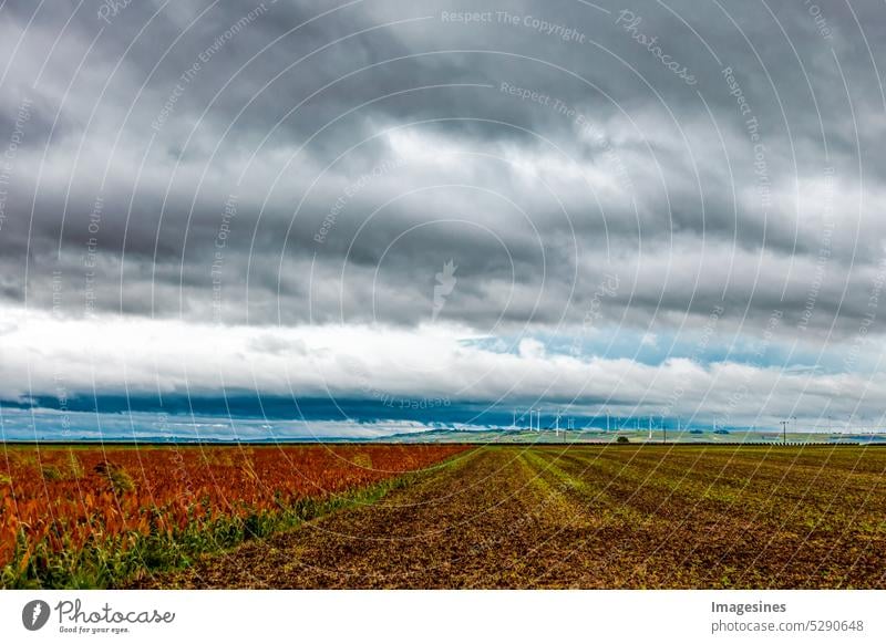 Thunderstorm. Storm over the field. Dark clouds thunderstorm clouds moving in, farmland with wind turbines Gale Field dark Clouds Storm clouds Arable land