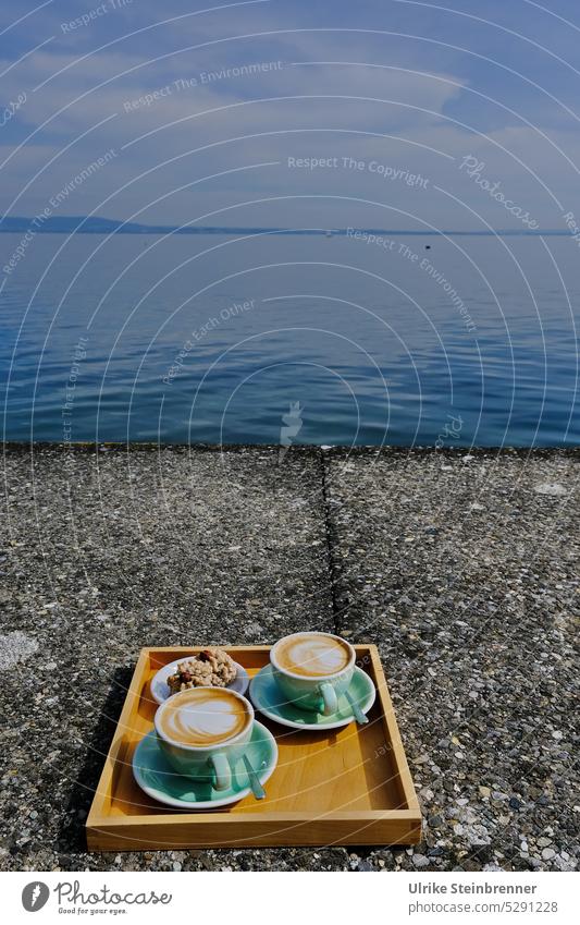 Let's have a break! Breakfast coffee at Lake Constance Coffee coffee cups Coffee break bank sea wall discontinuity cookies biscuits Tray serving tray service