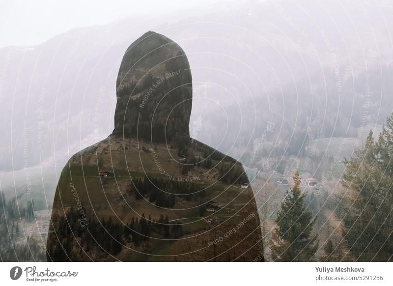 Double exposure .Mountain landscape and silhouette of a man. Human and nature double exposure paint Silhouette mountains background human male silhouette