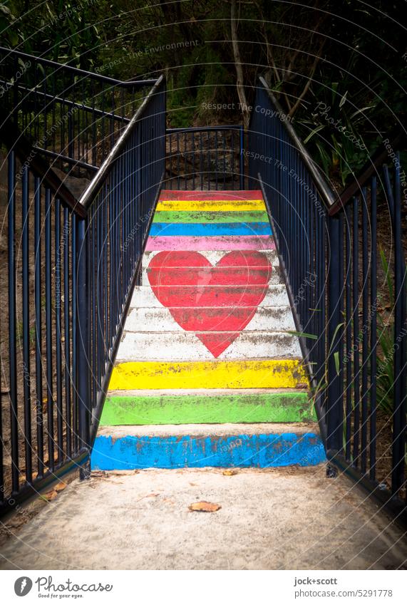 Stairs with a lot of heart Lifestyle Love Declaration of love Symbols and metaphors Heart (symbol) variety Street art With love Prismatic colors queer diversity
