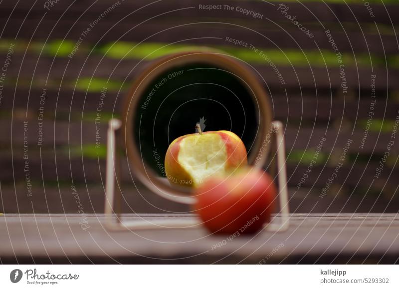 fact check Apple Mirror Mirror image bitten into bitten off Nutrition Reflection Garden Check-up test facts blurriness symbolic Healthy med Health care Mature