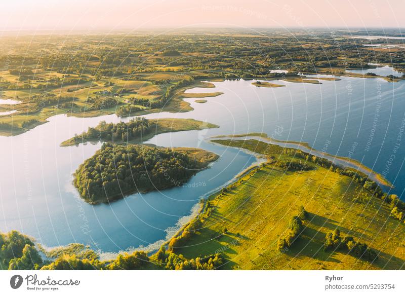 Braslaw Or Braslau, Vitebsk Voblast, Belarus. Aerial View Of Nedrava Lake. Landscape In Sunny Morning. Top View Of Beautiful European Nature From High Attitude. Bird's Eye View. Famous Lakes. Natural Landmarks