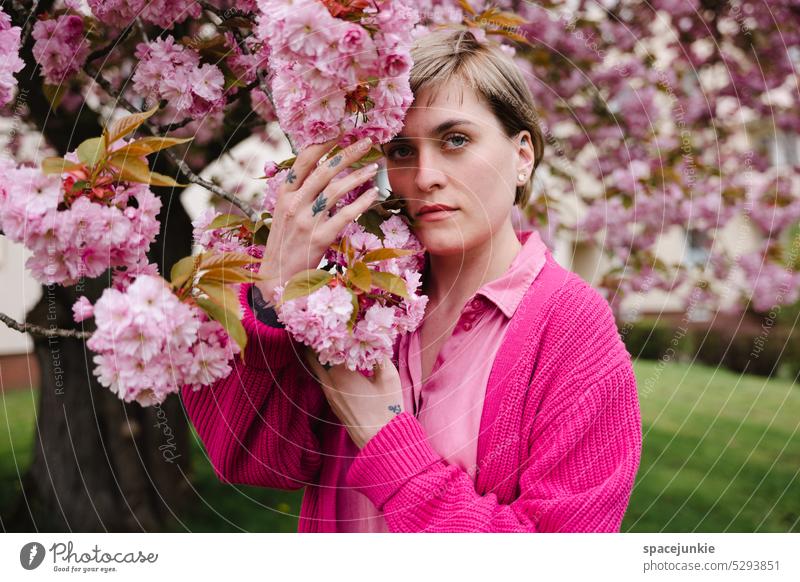 Under the cherry blossom (3) Woman Young woman Cherry tree Cherry blossom stop Touch Tattoo hands Garden Dreamily Looking Pink Cardigan