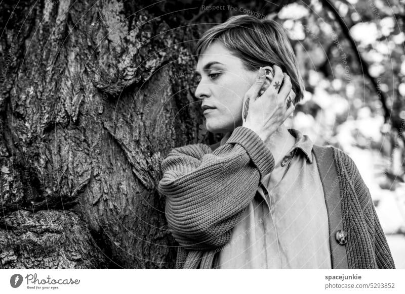 thinking about Woman Young woman Tree Touch ponder Meditative Black & white photo black-and-white monochrome Tattoo Dreamily Cardigan melancholy melancholically