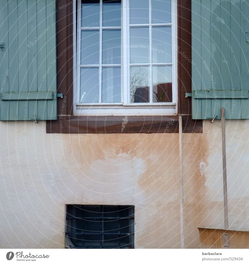 Snow shovel, please clear away! Water Spring Winter Climate Weather House (Residential Structure) Building Facade Window Shutter Broomstick Old Cold Wet Moody