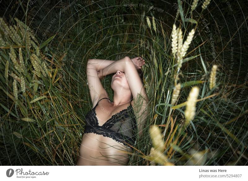 This is what it’s like to be comfortable relaxing on the ground between green grass and wild weeds. A flashlight exposes this gorgeous woman who is wearing a sexy black bralette. A summer night with a hot and relaxed lingerie model.
