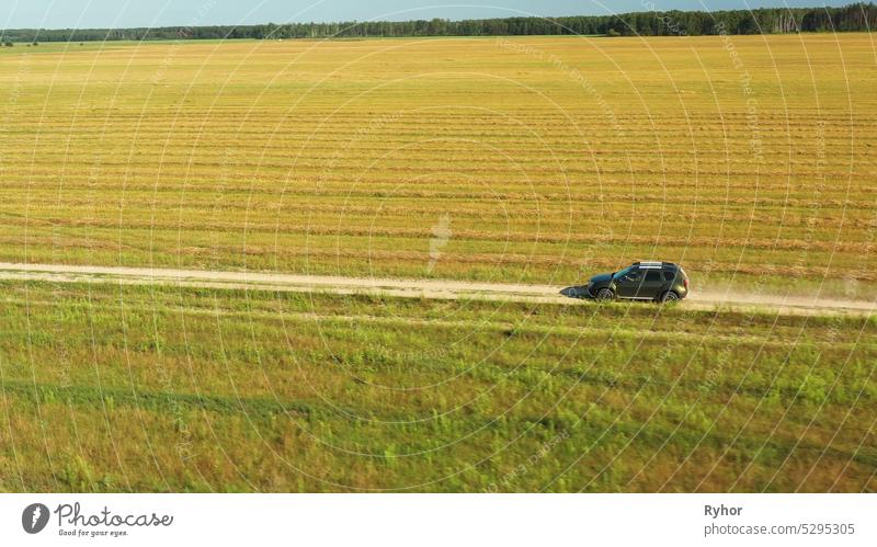 Gomel, Belarus - July 6, 2021: Aerial View Of Renault Duster Car SUV On Countryside Road Through Summer Green Field. Agricultural Country Fields Rural Landscape. Car Drive In Motion