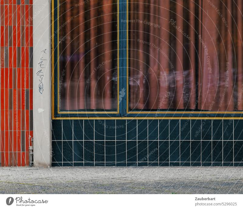 Detail of a facade of post-war modernism with tiles, window and red curtain Facade Post-war modernism Berlin Reinickendorf Window Drape geometric Abstract