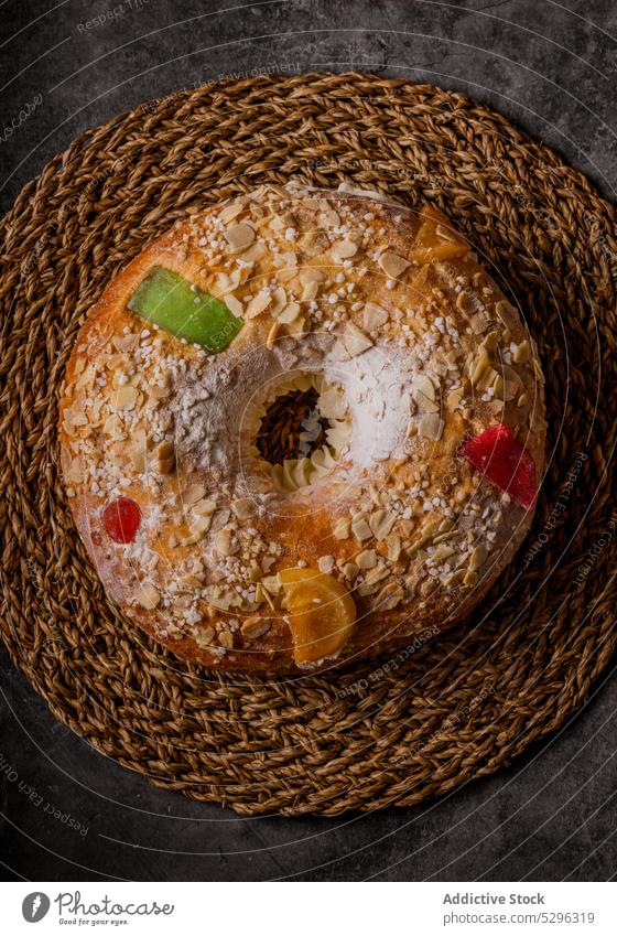 Roscon de Reyes, a typical spanish christmas cake sweet food celebration dessert traditional roscon homemade baked rosca holiday reyes bakery delicious sugar