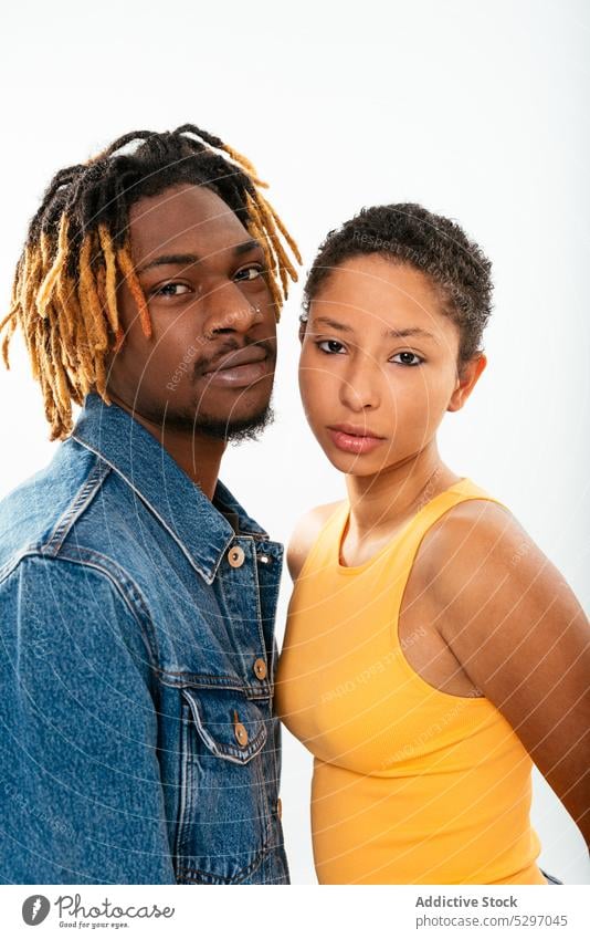 Ethnic couple on white background boyfriend girlfriend relationship jeans street style denim african american ethnic black love dreadlocks together diverse