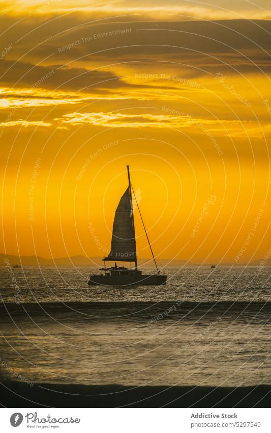 Lonely sailboat floating on sea sunset yacht sundown seascape sky evening scenery twilight nature calm scenic serene ripple bright amazing tranquil ocean marine
