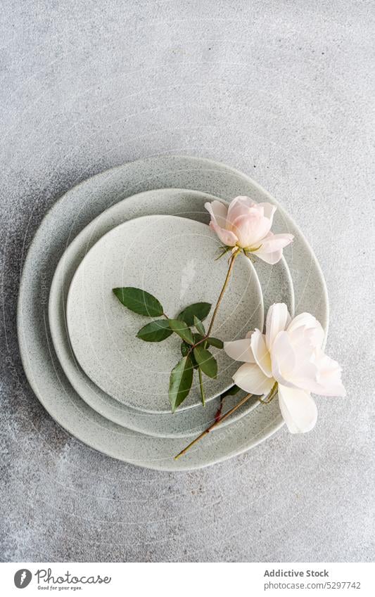 Table setting with white roses background bloom blossom bowl ceramic concrete cutlery dinner dinnerware event floral flower food fresh grey meeting natural