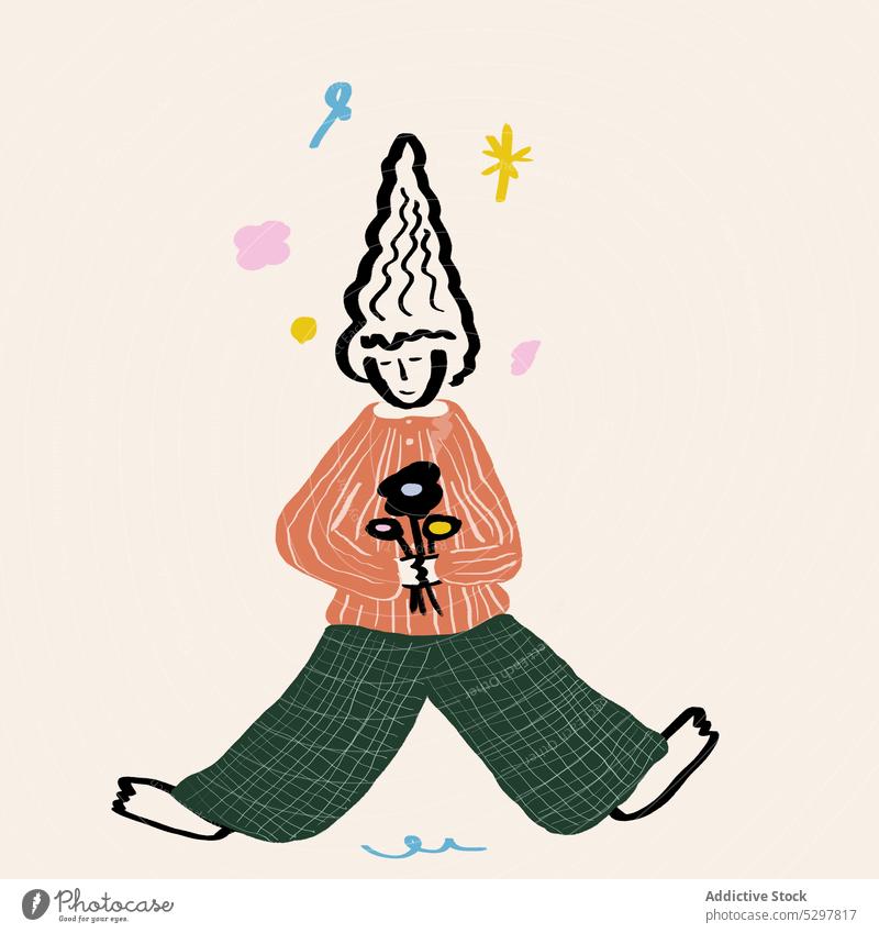 Vector illustration of happy woman with flowers vector bouquet run cartoon in love positive cheerful artwork optimist good mood casual stripe sweater checkered