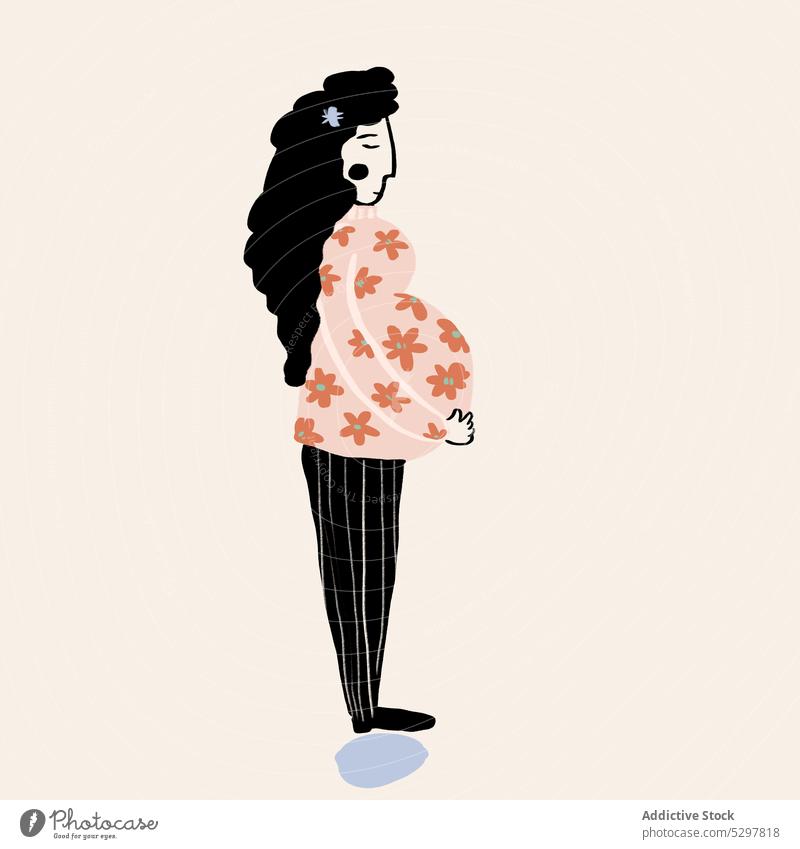 Vector illustration of pregnant woman touching belly vector touch belly expect baby carry maternal prenatal calm peaceful female flower print casual sweater