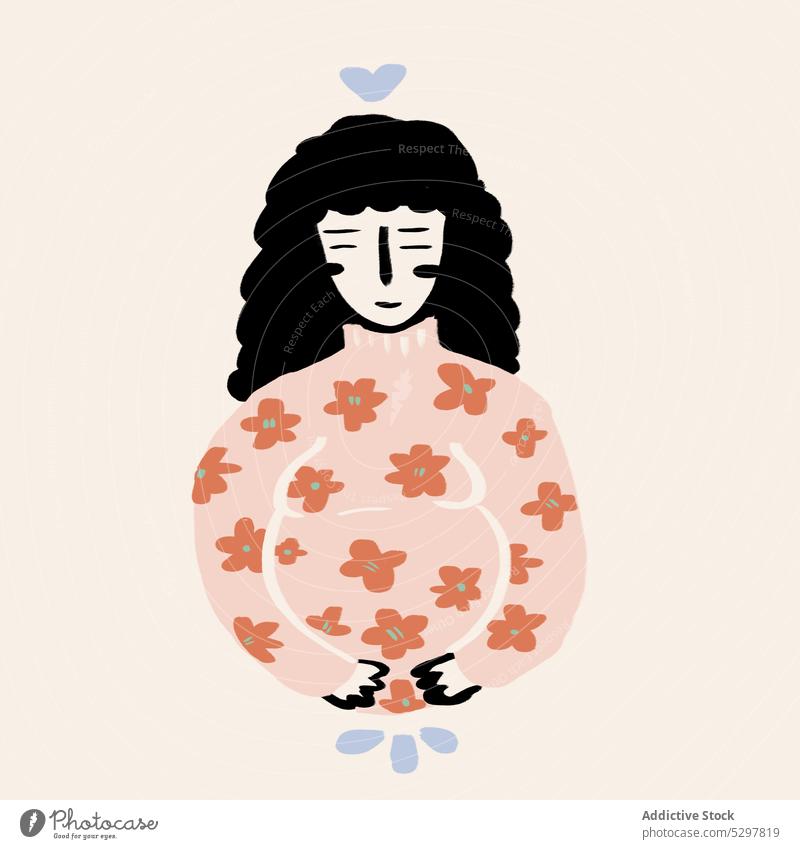 Vector illustration of pregnant woman touching belly vector touch belly expect baby carry maternal prenatal calm peaceful female flower print casual sweater