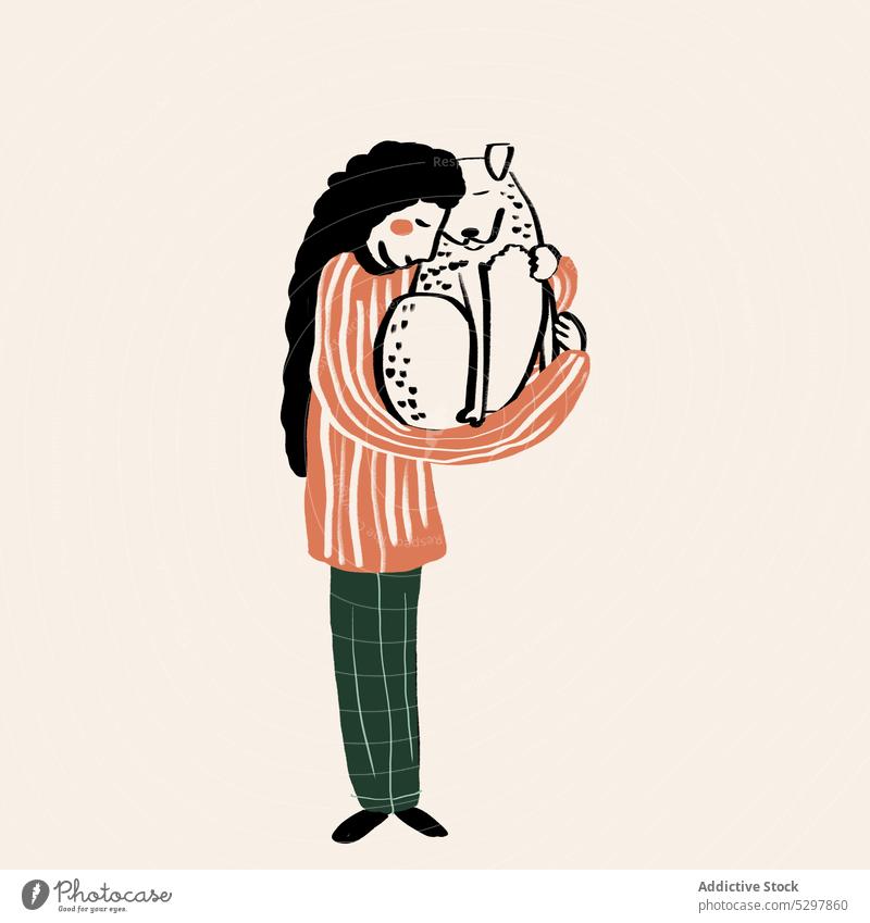 Vector illustration of woman embracing dog owner hug love embrace pet care vector colorful happy sweater character together animal adorable cute cuddle bonding