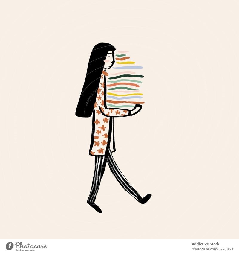 Image of woman with stack of books textbook colorful illustration image carry literature female art graphic read education vivid pajama multicolored bright