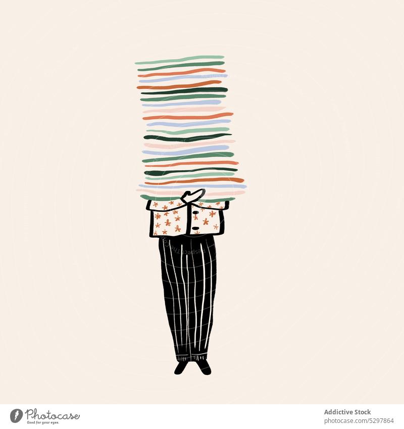 Image of anonymous person with stack of books textbook colorful illustration image carry literature art graphic read education vivid pajama multicolored bright