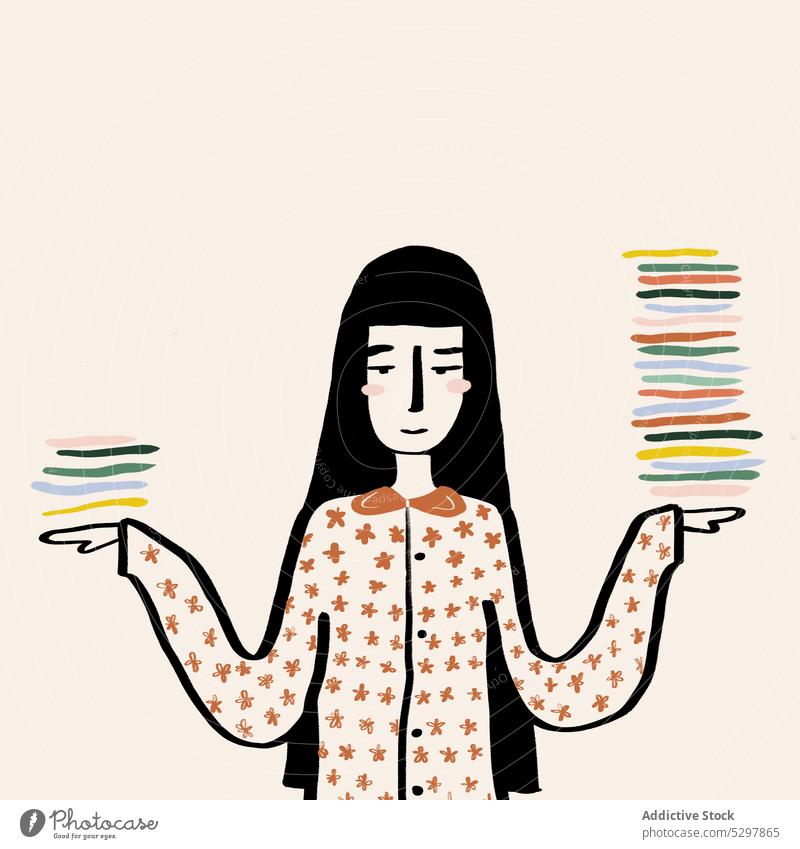 Vector image of woman with books literature stack read bookworm pajama hold vector illustration colorful arms raised student cartoon multicolored character