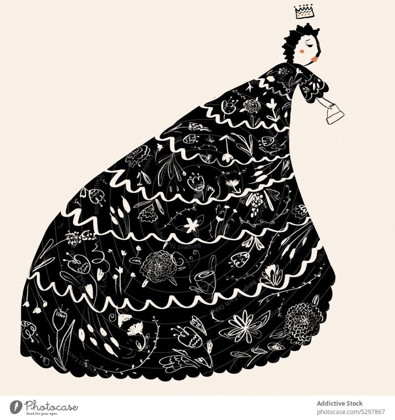 Vector illustration of queen in long dress crown princess royal costume flower vector art decoration makeup red lips arrogant creative element style ornament