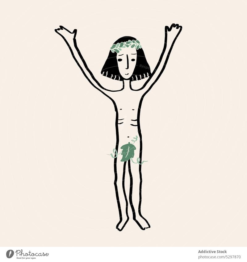 Vector illustration of Adam caricature man adam arms raised naked wreath symbol vector art cartoon creative crucify green image nude graphic artwork plant leaf