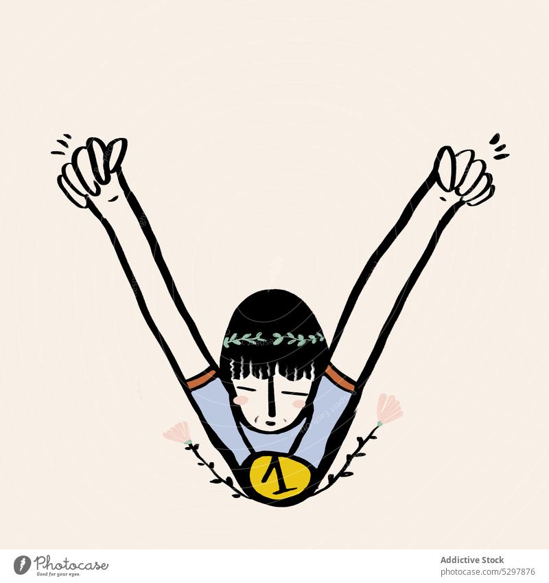 Vector illustration of athlete with gold medal sportsman victory celebrate success arms raised vector happy achieve winner triumph goal excited accomplish