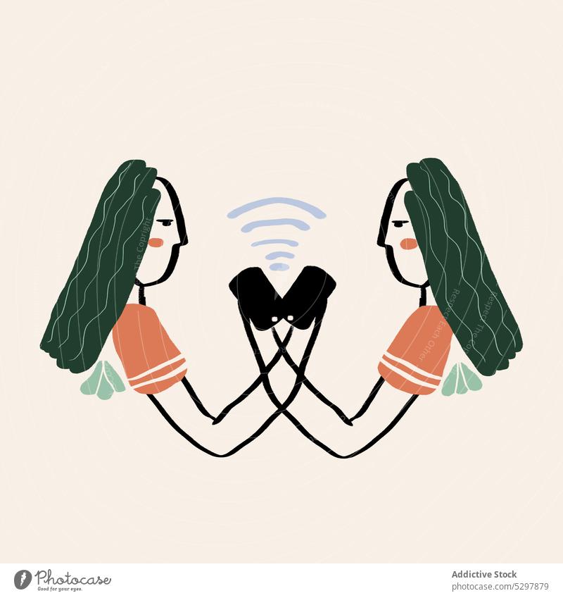 Illustration of W letter font with woman holding smartphone with Wi Fi sign alphabet design creative character wi fi using online internet illustration image