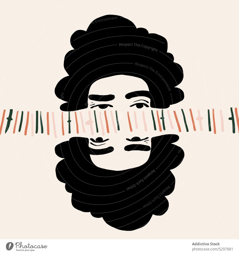 Image of man reflecting in mirror reflection drawing illustration image frame colorful afro hairstyle character inscription graphic art male vivid appearance
