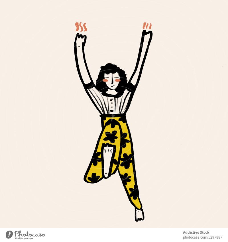 Vector image of female dancer woman happy cheerful move leg raised arms raised illustration vector style colorful vivid yellow element energy cartoon pants