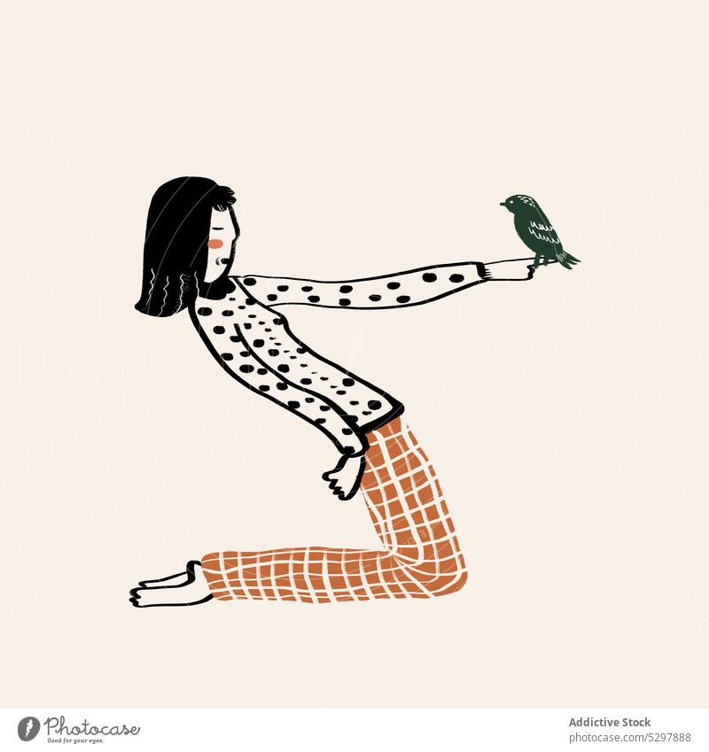 Vector image of woman with bird on hand avian hold illustration outstretch vector outfit colorful appearance calm sweater red character cartoon artwork graphic