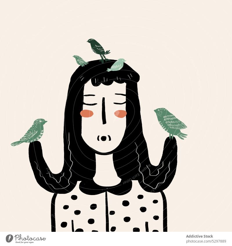 Vector illustration of woman with birds on head calm eyes closed avian whistle polka dot cute vector cartoon female colorful design blouse creative outfit