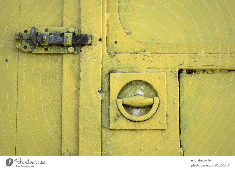 TopSecret Box Lock Locking bar Door handle Circus trailer Wood Metal Old Authentic Sharp-edged Simple Near Trashy Yellow Colour photo Subdued colour