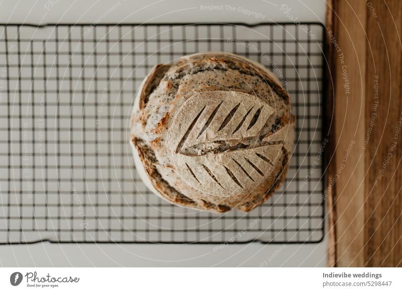 Sourdough bread. Homemade loaf on cool rack. Softly blurred white background. Cozy flat lay with wooden chopping board. sourdough home made fresh bakery baked