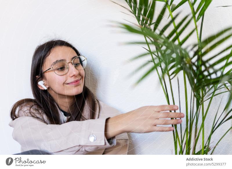 Content woman in earphones touching plant listen music positive eyeglasses enjoy sound song female device young audio content carefree pleasure melody pleasant