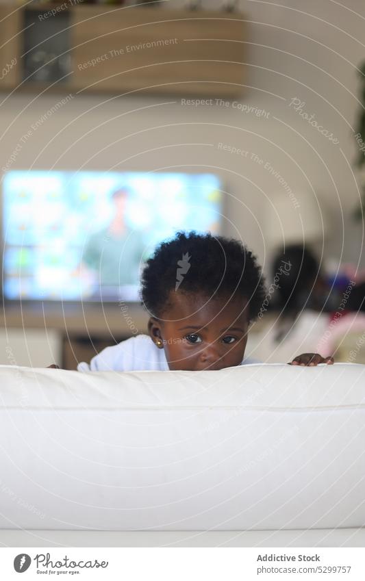 Cute black child hiding behind pillow baby hide living room play home adorable childhood cute peek little domestic innocent ethnic babyhood peaceful playful