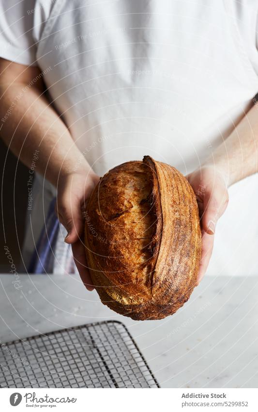 Crop baker with baked sourdough bread person homemade fresh food pastry tasty kitchen delicious bakery meal cook apron yummy culinary cuisine loaf prepare