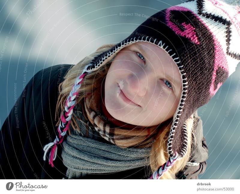 snow hare Cap Winter Woman Girl Scarf Beautiful Cold Blur Depth of field Portrait photograph Youth (Young adults) Snow Harz blue eyes Looking Nose Eyes Mouth
