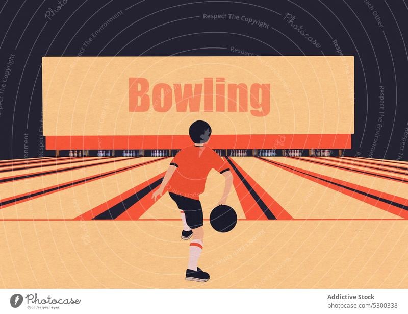 Anonymous man playing bowling in sports club athlete activity ball vector target throw entertain game design bowler energy illustration activewear brunet pin