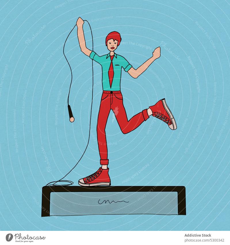 Vector template of guy with wire mic dancing on stage man dance microphone perform retro music speaker musician illustration vector creative male young design