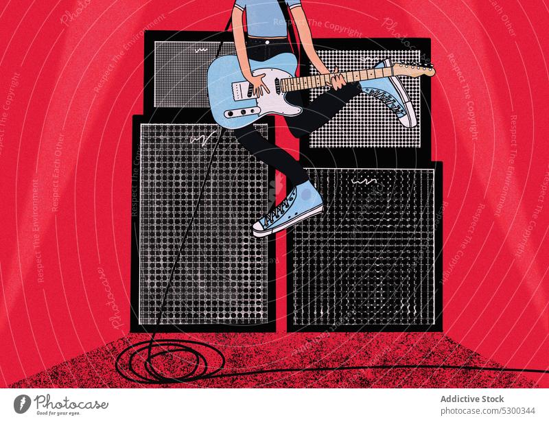 Image of crop male guitarist jumping on stage during rock concert man electric musician play instrument illustration vector dance element rock and roll speaker