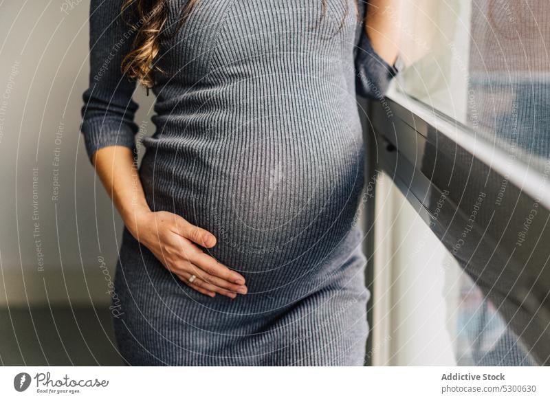 Anonymous pregnant woman standing near window caressing belly love touch belly maternity leave anticipate tranquil mother await female young stomach abdomen