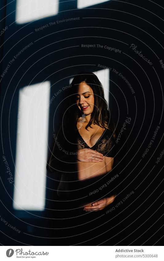 Sensual pregnant female in underwear in sunlight woman touch belly window shadow studio shot motherhood bare young prenatal unborn baby bump await lingerie bra