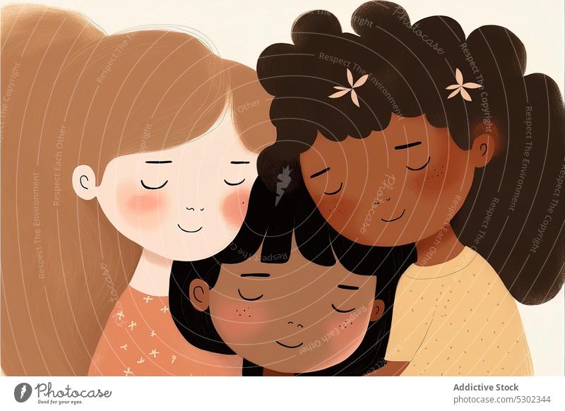 AI image of cute girls hugging together generative ai illustration eyes closed children best friend cartoon diverse creative love embrace kid adorable
