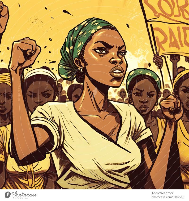 Black women on strike with placard woman activist feminism aggressive protest arms raised feminist shout clench fist scream human rights colorful female