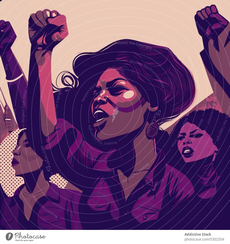 Black women on strike with clenched fists woman activist feminism aggressive protest arms raised feminist shout clench fist scream human rights colorful female